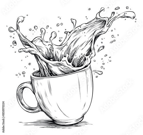 Energetic coffee splash bursting out of a classic teacup, ideal for stimulating drink packaging and vibrant cafe promotions.