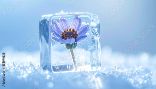 Enchanted purple flower preserved in a crystal ice cube, sparkling on a bed of fresh snow, a tranquil representation of nature's delicate beauty in a winter wonderland