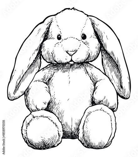 A charming handdrawn outline of a soft plush bunny toy with floppy ears sitting upright, perfect for childrens books, nursery decor, or gentle branding designs.