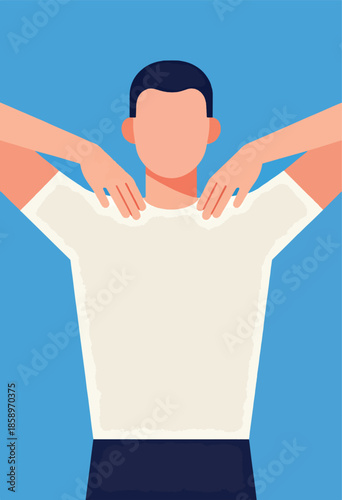 A person doing a shoulder massage against a bright blue background