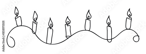 Minimalist continuous line drawing of lit candles on a decorative string perfect for holiday greetings, celebration invitations, or festive event promotions.