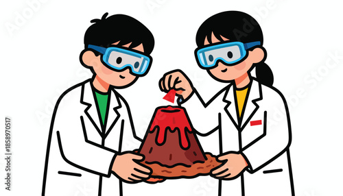 Children in lab coats and goggles conduct a volcanic experiment