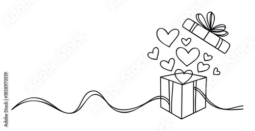A minimalist line drawing of an open present box with flying hearts symbolizing love and surprise, perfect for romantic greetings, celebration invitations, or expressing heartfelt emotions.