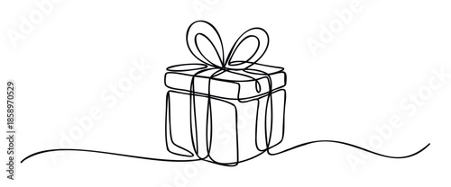 Continuous line drawing of a wrapped present box with a bow, symbolizing celebration and surprise, ideal for holiday greeting promotions or special occasion marketing materials.