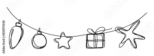 A whimsical hand drawn black line art string of festive Christmas ornaments and a wrapped gift box, perfect for holiday greetings and seasonal celebration designs.