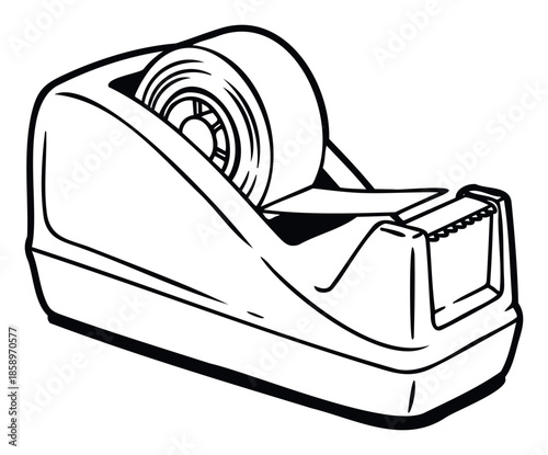 Essential office and school supplies drawing featuring a tape dispenser with adhesive tape for stationery, packing, crafting, and organizing tasks, perfect for educational materials or