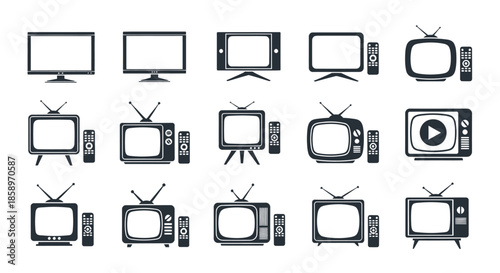 Set of various television and remote control icons showing evolution of TV designs over time.
