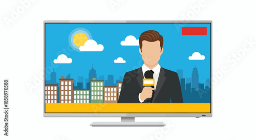Television screen displaying news anchor reporting outdoors in cityscape background.