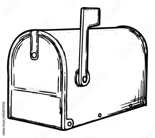 Traditional black and white sketch style mailbox with its signal flag raised, ideal for conveying messages, postal services, or shipping themes in various media applications.