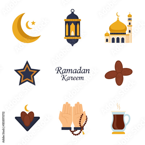 Ramadan Kareem Icons Crescent, Lantern, Mosque, Star, Dates, and Prayer Hands for Design