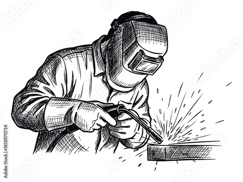 Professional welder performing metal fabrication with protective gear and intense sparks, suitable for industrial safety campaigns and vocational training advertisements