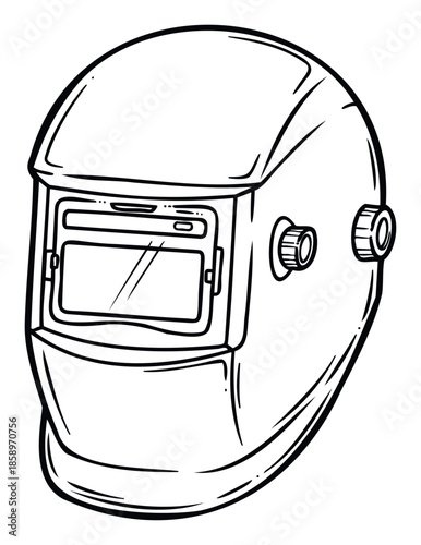 Durable safety welding helmet depicted in a black and white outline drawing, ideal for educational materials, instructional guides, and industrial safety presentations.