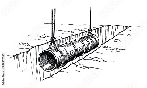 Industrial pipeline construction scene showing a large heavy pipe being carefully lowered into a deep trench using strong lifting cables for infrastructure development projects