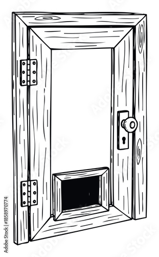 A hand drawn wooden doorway with an open frame, hinges, and a functional pet door cutout, perfect for illustrating home entrances, architectural concepts, or animal themed graphics.