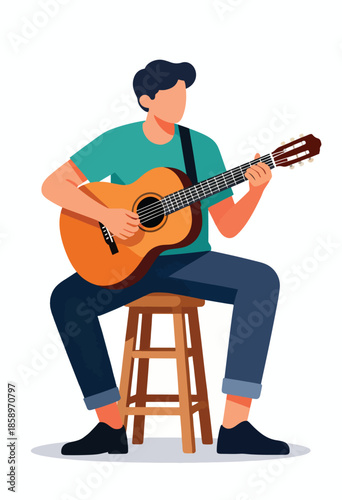 Person playing acoustic guitar while sitting on a stool