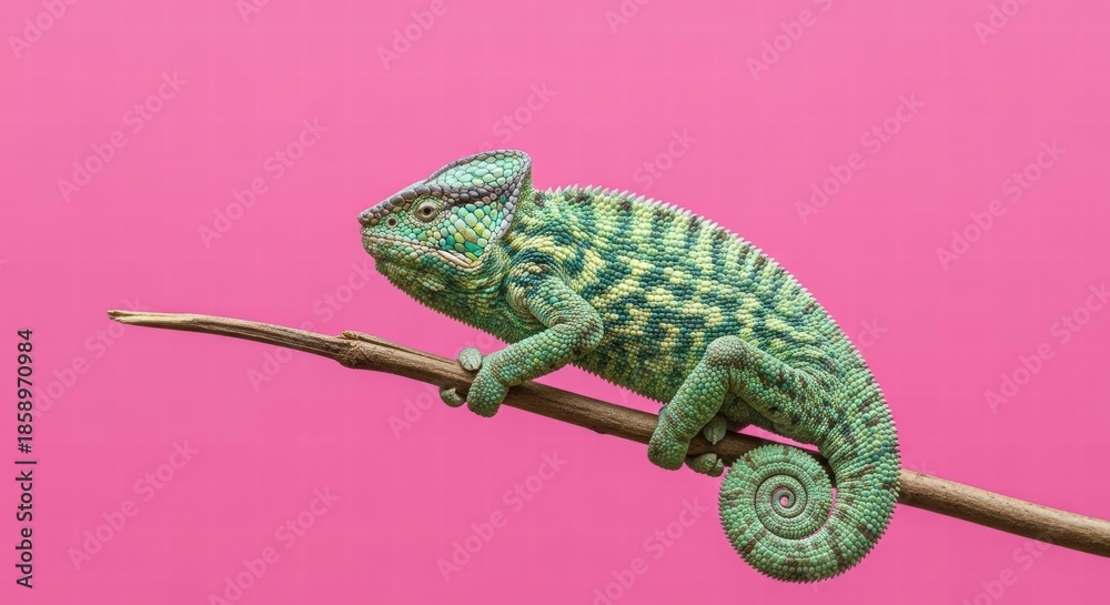 Obraz premium Chameleon on Branch: A striking chameleon perches gracefully on a slender branch, its vibrant scales shimmering against a vibrant pink backdrop. A close up shot that capture the beauty of nature.