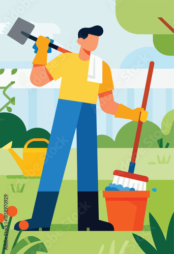 A person in gardening attire holds a shovel and a brush, ready for yard work