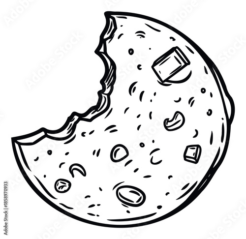 Delicious handdrawn bitten chocolate chip cookie sketch representing a tempting sweet snack perfect for foodrelated projects and bakery promotions