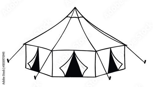 Monochrome line drawing of a festive multisided tent with a pointed roof and open flaps, perfect for illustrating outdoor events, fairgrounds, or camping adventures