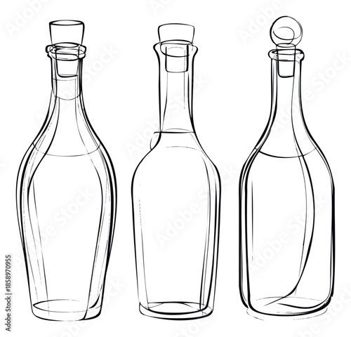 Elegant outline drawings of various glass bottles with stoppers, perfect for food and drink menus, kitchen decor, or sophisticated graphic design projects