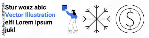 Education, economics, seasonal , learning symbols, finance, and design. Woman holding a book, a snowflake and a currency icon. Education and economics concepts visually
