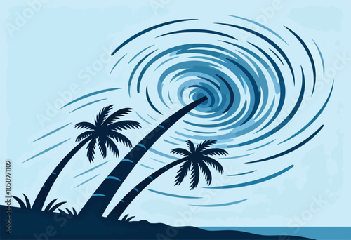 Stylized palm trees bend against a turbulent sky depicting a cyclone