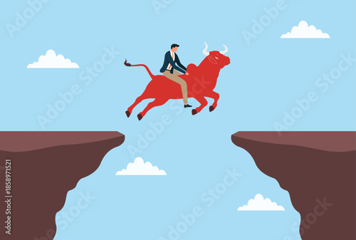 Vector illustration of a businessman riding a red bull jumping across a cliff gap, symbolizing bold risk taking, confidence, overcoming obstacles, strong leadership, ambitious business growth
