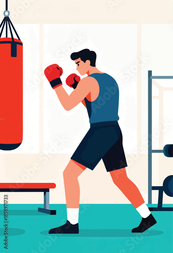 Fit man in red gloves punches a heavy bag in a bright gym