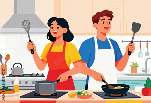 Two people happily cooking together in a modern kitchen, preparing meals on stove tops