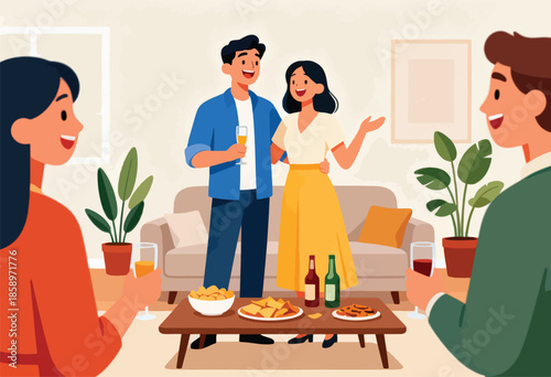 Cheerful people gathered indoors, enjoying drinks and snacks at a casual party