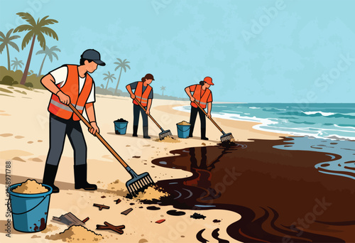 People in vests cleaning oil spill on tropical beach