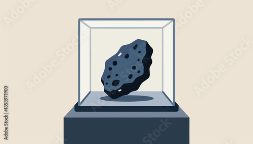 Dark, irregular object with craters displayed in a glass case on a pedestal