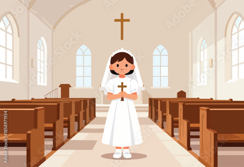 A young girl in a white dress holds a cross inside a church with pews and windows
