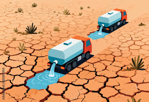 Water trucks deliver essential water to arid, cracked land with sparse vegetation