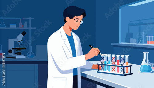 Scientist in lab coat labels test tubes with DNA strands and samples