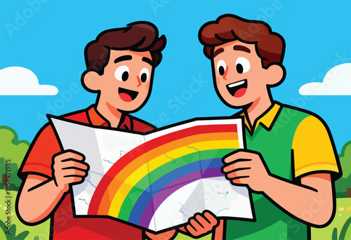 Two smiling friends examine a colorful rainbow map outdoors
