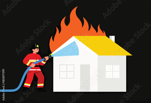 Firefighter sprays water on a burning house, extinguishing the flames