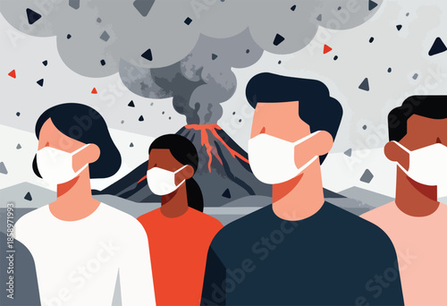 Diverse people in masks watch a distant volcano erupt
