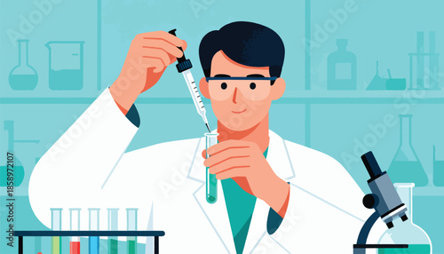 Scientist in lab coat meticulously adding liquid to test tube with dropper