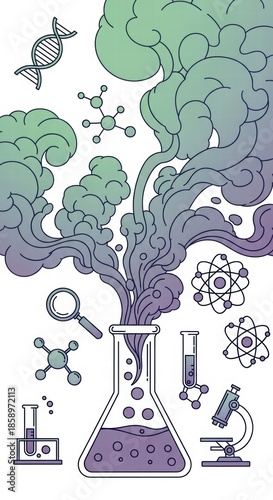 Scientific Alchemy: An intriguing illustration showcases the dynamic process of scientific discovery. A beaker releases a plume of thought and invention.