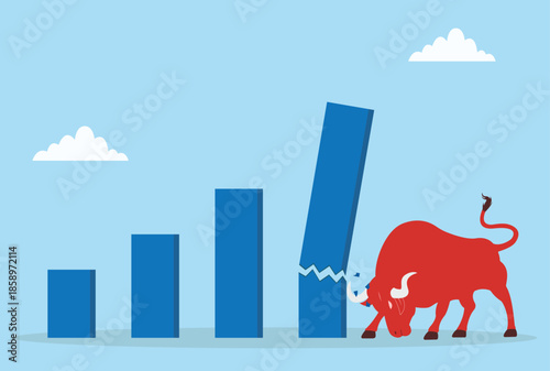 Vector illustration of a red bull smashing a graph bar, representing market disruption, explosive growth, and strong impact in the business world
