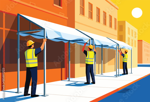 Construction workers erect white canopies outside an orange and yellow building