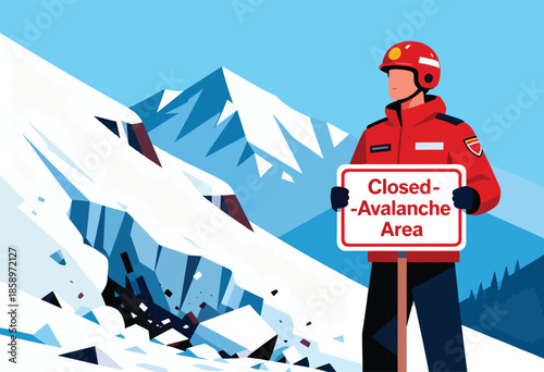 Rescue worker in red jacket holds "Closed-Avalanche Area" sign near snowy mountains