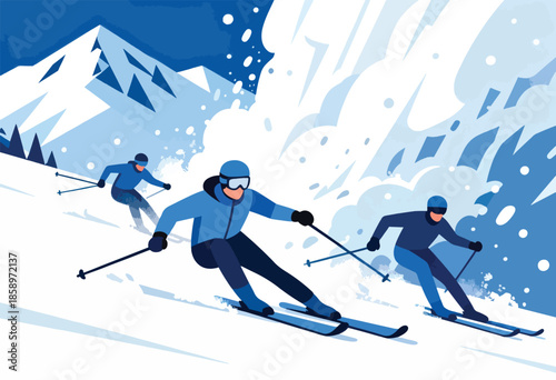 Stylized skiers carve down a snowy mountain under a vast blue sky