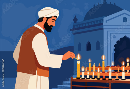 Man lighting candles in front of a domed building