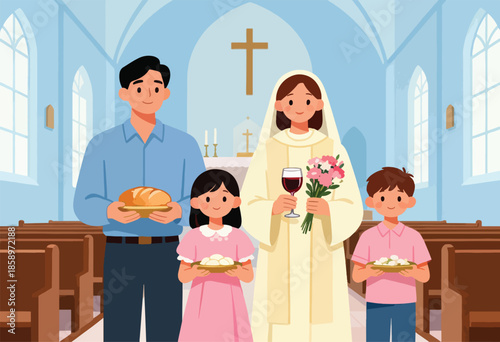 Family in church holding communion elements before altar