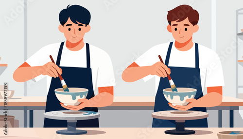 Two men in aprons painting ceramic bowls on pottery wheels in an art studio