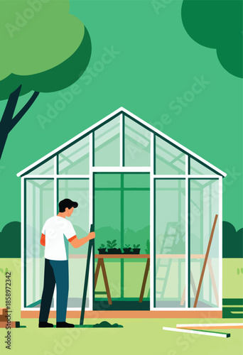 A person working on a greenhouse in a yard