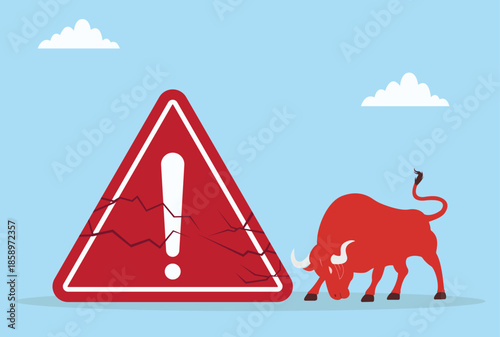 Vector illustration of a red bull breaking a warning sign, representing boldness, defying limits, challenging rules, risk-taking, and unstoppable force
