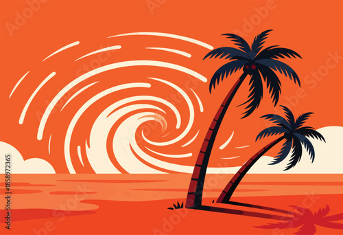 Tropical storm with palm trees at sunset